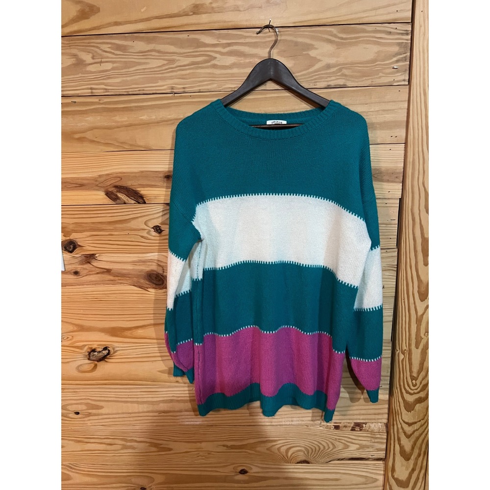 Umgee Color Block Tunic Sweater Dress Teal Pink White Womens Large